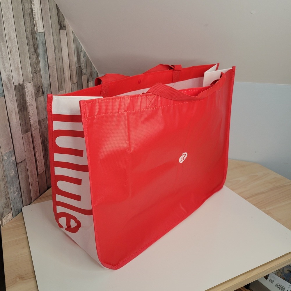 Lululemon Large Reusable Shopping Tote Bag Red White Snap Closure Shopper New